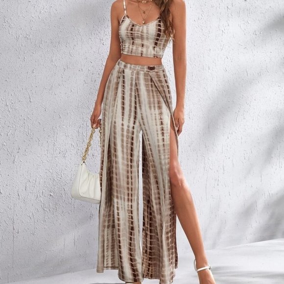 Crop Cami Top & Wrap Split Thigh Palazzo Pants coord Set Tie Dye - Picture 1 of 6